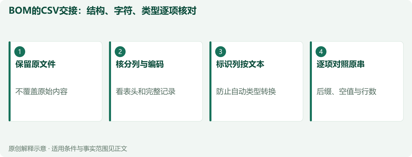 BOM的CSV交接:结构、字符、类型逐项核对