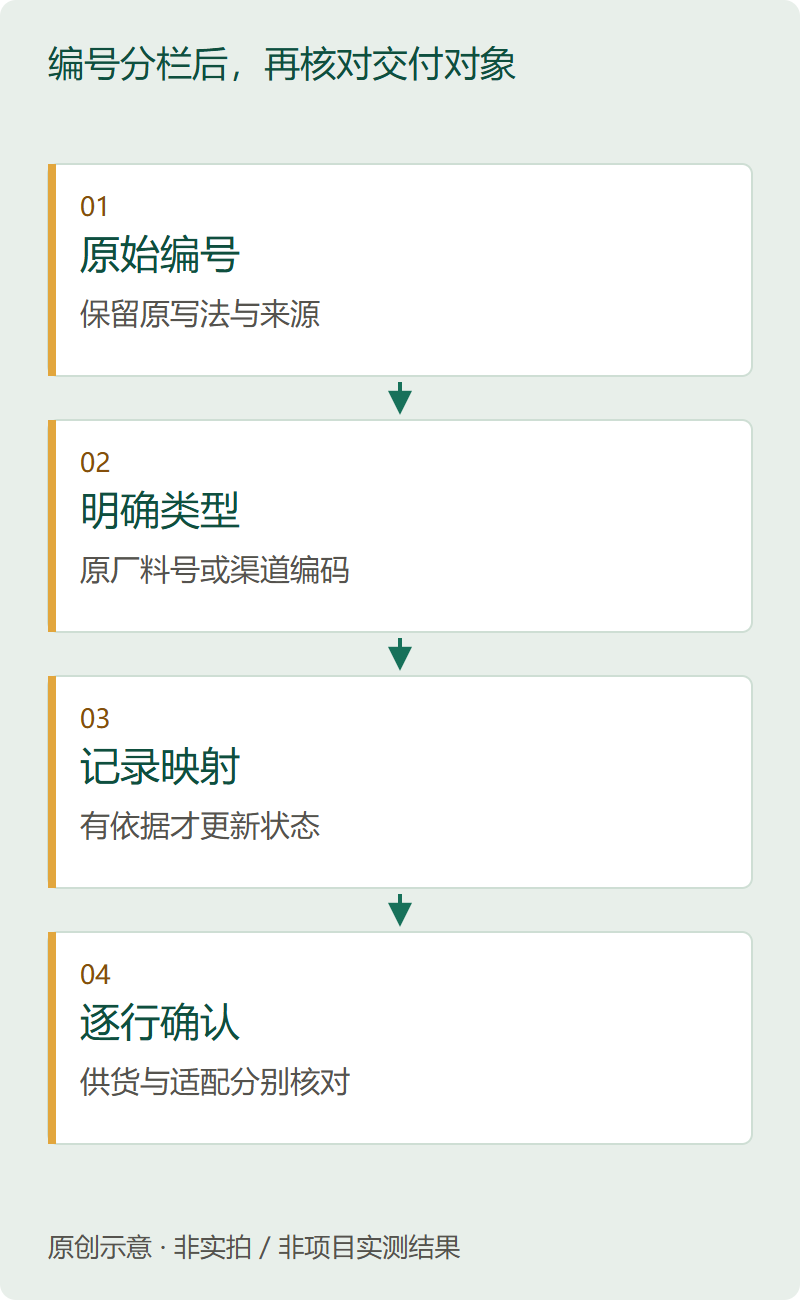 编号分栏后,再核对交付对象。原创整理流程示意,不是实际BOM或物料兼容关系。