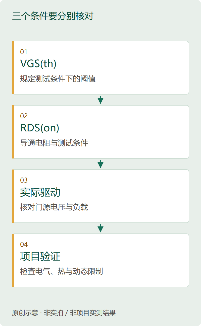 三个条件要分别核对。原创选型阅读示意，不是某颗MOSFET的实测曲线或接线方案。